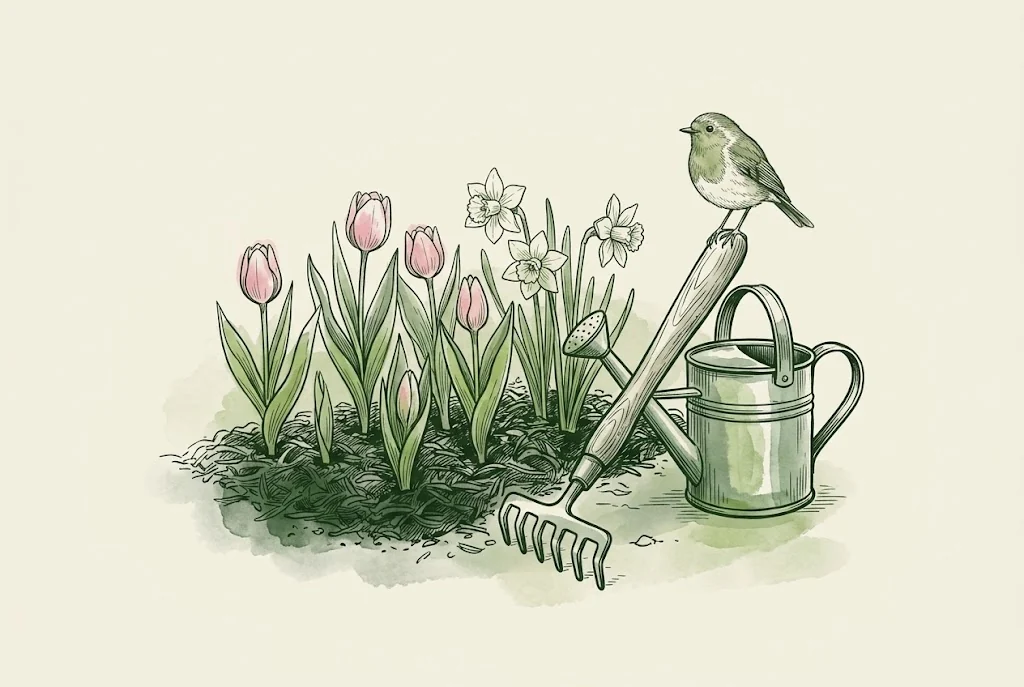 Gezeichnete Illustration: Frühlingsbeet mit Tulpen und Narzissen, Harke, Gießkanne und Rotkehlchen