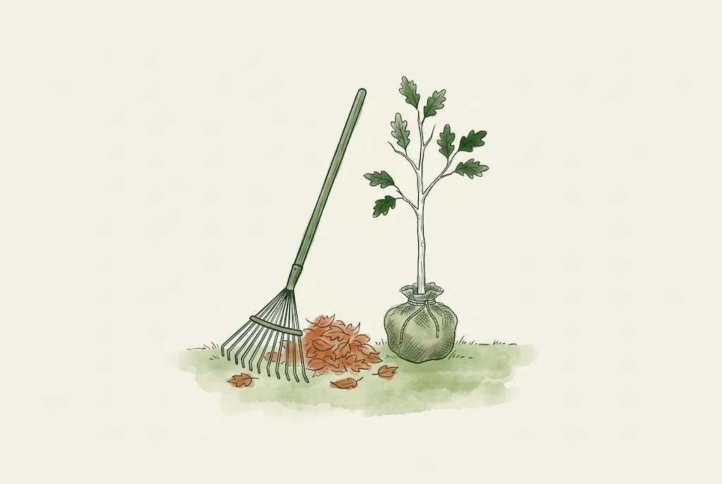 Gezeichnete Illustration: Laubrechen mit Laubhaufen und ein junger Baum zum Pflanzen