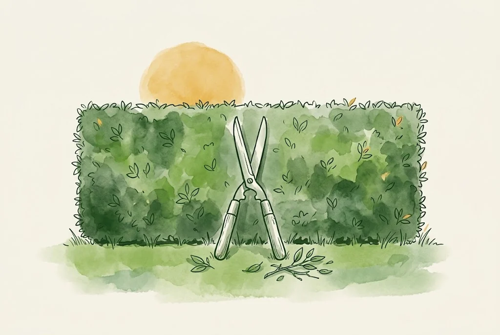 Gezeichnete Illustration: frisch geschnittene Hecke mit Heckenschere vor der Sommersonne
