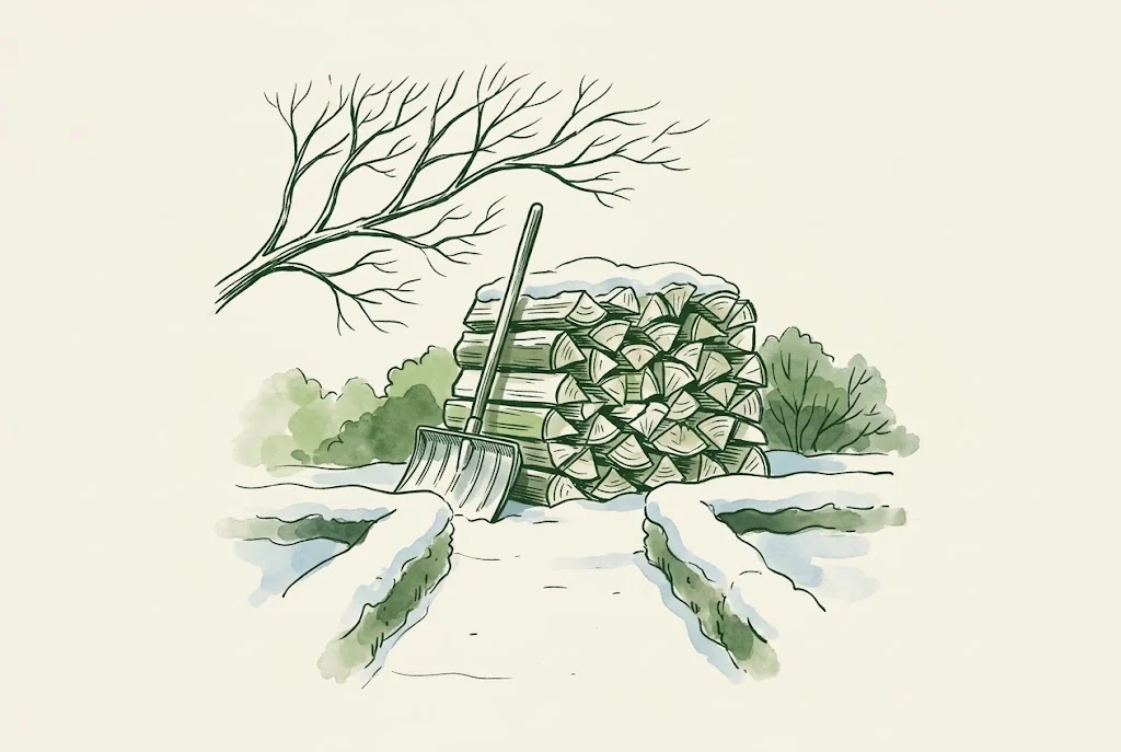 Gezeichnete Illustration: geräumter Gartenweg mit Schneeschaufel und Kaminholzstapel